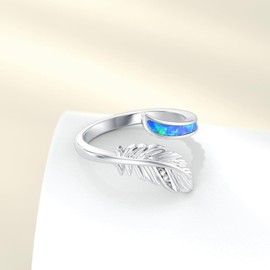 OKROKTOT Blue Opal Feather Ring 925 Sterling Silver Adjustable Ring Jewelry Gift for Women