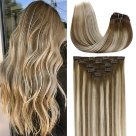 LaaVoo Human Hair Extensions Clip ins 5pcs/70g Ombre Balayage Light Brown Fading to Platinum Blonde Mix Brown Hair Extensions Clip in Human Hair Thick Ends 22"