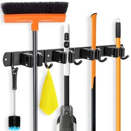 IMILLET Broom and Mop Holder Wall Mounted, Stainless Steel Broom Organizer Heavy Duty Tools Organizer Self Adhesive Mop Holder for Home Laundry Room Garage Garden (4 Racks and 5 Hooks)