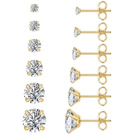 Wssxc 6 Pairs Stud Earrings Hypoallergenic Cubic Zirconia 316L Earrings Stainless Steel CZ Earrings Set 3-8mm (Gold)