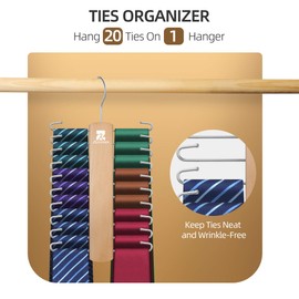 ZEDODIER 2 Pack Wooden Tie Rack, Tie Hanger for Men Closet, 40 Storage Capacity, Non-Slip Rotatable Tie Organizer, Hanging Space Saving Holder, Natural