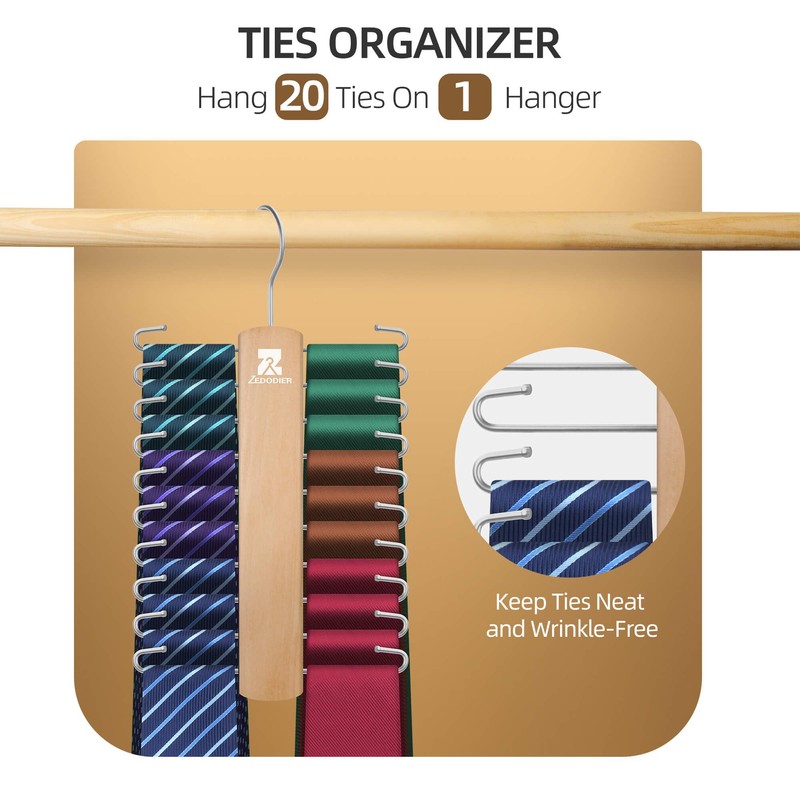 ZEDODIER 2 Pack Wooden Tie Rack, Tie Hanger for Men