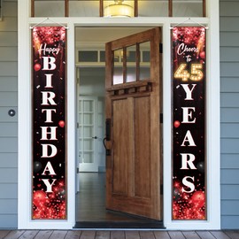 Happy 45th Birthday Porch Sign Door Banner Decor Red and Black – Glitter Cheers to 45 Years Old Birthday Party Theme Decorations for Men Women Supplies