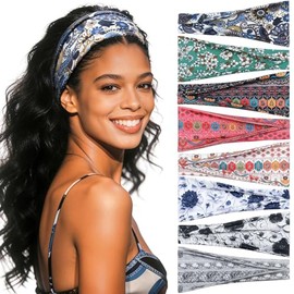 Awumbuk Wide Headbands for Women, 8 Pack Multicolor Stretchy Fabric Hair Bands, Non-Slip Sports Workout Yoga Running Headband, Fashion Hair Accessories (Retro Floral Ethnic Style)