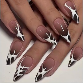 LYMCY Burgundy Press on Nails Medium,Earl Grey Burgundy Gradient Base with White Bubble Mesh Nails,Artificial Nails for Women and Girls -24 pcs