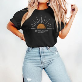 Lubpow Christian Shirts for Women Be The Light Tshirt Funny Faith Religious Shirt Inspirational Bible Verse Graphic Tee Tops(Black,XL)