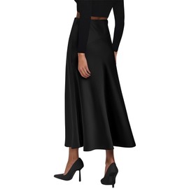 KIRUNDO Women's Satin Elastic High Waisted Maxi Skirt 2025 Trendy Summer Fall Winter Silk A-Line Casual Formal Work Skirts, Black, Medium