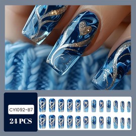 24Pcs Press on Nails – Blau-Gold Gradient, Glänzende Falsche Nägel mit Gelbem Muster, Mittlere Quadratform, Ideal für Frauen und Mädchen