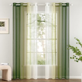 Woaboy Set of 2 Voile Curtains, Two-Tone Curtain with Eyelets, Transparent Curtain, Eyelet Curtain, Decorative Curtain, Translucent Window Scarf for Bedroom and Living Room, 140 x 225 cm, Olive Green