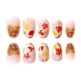 24Pcs Fall Maple Leaf Press On Nails Short Fake Nails Autumn Gold Glitter Pattern Leaves False Nail Set Thanksgiving Press On Nail Art Nail French Style Full Cover Autumn Stick On Nail for Women