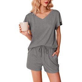 Ekouaer Women's Pajamas Set Ruffle Sleeves Sleepwear V Neck Comfy 2 Piece Pjs Loungewear Set with Pockets,Dark Gray,Large