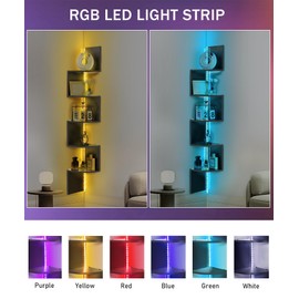 Outink 5 Tiers Corner Shelf with RGB LED Lights, 49.2" Wall Mount Floating Corner Display Shelf for Living Room Bedroom Home Office Decor, APP & Remote Control (Black)
