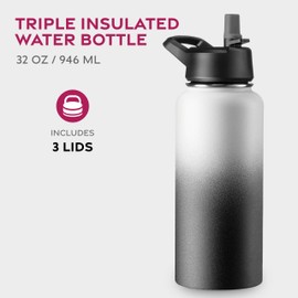FineDine Triple Walled, Insulated Water Bottles with Straw - 32 Oz Stainless Steel Metal Bottle W/ 3 Leak Proof Lids - For Travel, School, Sports, Gym/Men, Women & Kids - Dreamy Black-White