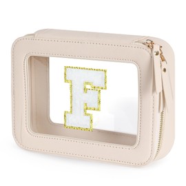 Clear Initial Makeup Bag - Toiletry Cosmetic Bag For Women, Cute Car Accessories & Essentials, And Preppy Makeup Bag For On-The-Go Glam - Gold Zippers Included, With Chenille Letter Decoration(F)