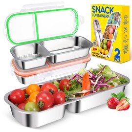 2Pack Stainless Steel Snack Containers for Kids Adults, Reusable Double Compartment Snackle Box Container with Leakproof Lids Metal Bento Lunch Food Snack Box for Travel Picnics Camping Office School