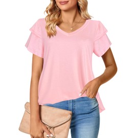 Afibi Womens Summer Tops Ruffle Short Sleeve V Neck T-Shirts Casual Loose Fit (Medium, Pink)