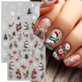 Christmas Nail Stickers for Nail Art Winter Nail Art Stickers Decals 5D Embossed White Snowflake Nail Decals Xmas Snowman Nails Design Moon Xmas Tree Nails Adhesive for Women Manicure Decoration 2Pcs