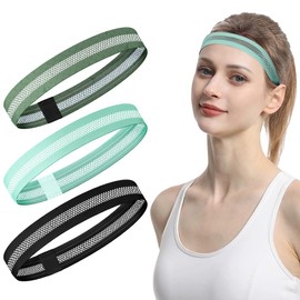 LOPHE Sports Headband, Pack of 3 Elastic Headband Women and Men, Thin Sweatband Forehead Double Sided Moisture Non-Slip Headband, Hair Bands for Yoga Running Football (Black + Green + Blue)
