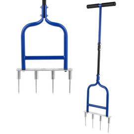 YOWPSY Spike Tine Fork Lawn Aerator - Four 5.2'' Stainless Steel Spikes Manual Gardening Hand Tool - Grass Dethatcher Aerator Lawn Tool with Solid Tines for Compacted Soil - Lawn Plugger Aerator