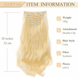 Gairyan 52 cm Clip-In Extensions Wavy Bleach Blonde 6 Pieces Hair Extensions with Clips Synthetic Hair Extensions Clip in Hairpiece Hair Extension Wavy Long Curly for Women
