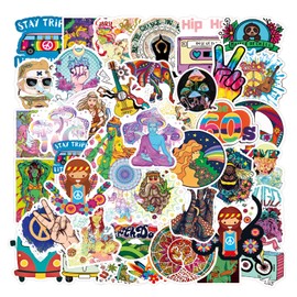 50pcs Hippies Stickers Decals, Waterproof Boho Hippies Stickers Pack for Adults Teens, Peace Love Hippies Stickers for Water Bottle Laptop Skateboard Guitar