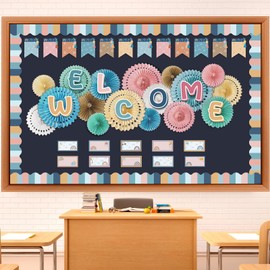 Qilery Welcome Bulletin Board Sets Welcome Back Classroom Decorations Bulletin Board Nameplate Cutout Paper Fans Banner for Back to School Chalkboard Wall Decor(Macaron)