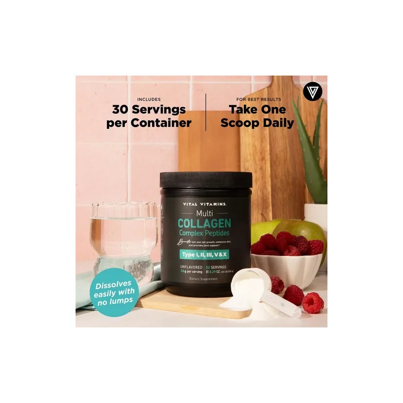 Vital Vitamins Colágeno Múltiple Polvo Sin Sabor 8.25-onzas