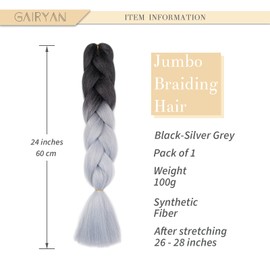 Gairyan Braiding Hair Extensions for Braiding 1 Bundle 100g 24" Ombre Jumbo Braiding Hair Colorful Synthetic Hair for Braid Soft Box Braids Crochet Twists (Black-Silver Grey)
