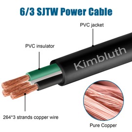 Kimbluth 6 Gauge 3 Conductor Wire SJTW Outdoor Extension Power Cable 5FT, 6/3 Wire Heavy Duty Pure Copper Electrical Wire for Lawn, Battery, Automotive, Outdoors