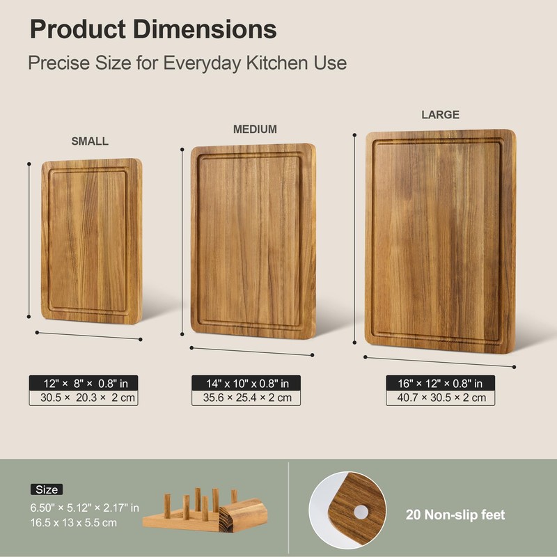 Teak Wood Cutting Board Set, 3-Piece Cutting Board with Stand