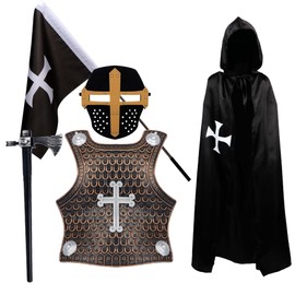 Medieval Knight Role Play Set Including Cloak, Breastplate, Crusader Flag, Mask, Axe, Costume Weapons Accessories (Bronze)