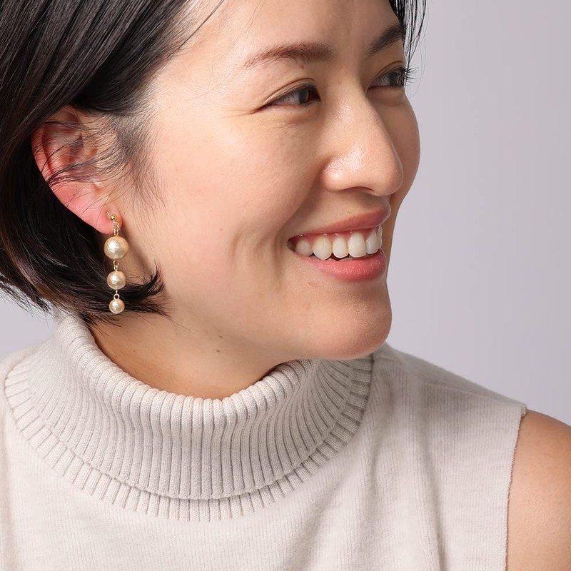 R-days Daikanyama Cotton Pearl Tricule Non-Hole Earrings, Hypoallergenic, White, Beige,