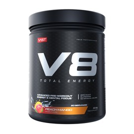 V8 Total Energy - Pre Workout Booster - Training Booster - CarnoSyn® BetaPower® Natural Caffeine - Vegan - Sugar Free - 20 Servings - Made in Germany - Peach Mango
