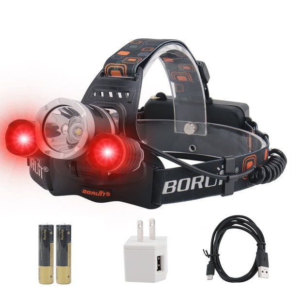 BORUIT RJ-3000 LED Rechargeable Headlamp,3 Modes White and Red LED