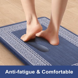 Sungea Bordered Anti Fatigue Kitchen Mat, Non Slip Cushioned Kitchen Floor Mats Waterproof Kitchen Rugs Sets of 2, Thick Comfort Floral Standing Desk Mat for Office Laundry Sink(Blue)