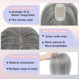YOOSDPET Hair Toppers for Women Real Human Hair， 360°3D Cover Topper for Women with Thinning Crown Wispy Clip in Bangs Realistic Scalp Line Hair Pieces (Grey, Wispy Bangs)