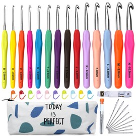Crochet Hook Set of 14 Colourful Ergonomic Soft Rubber Comfort Grip Crochet Knitting Needles Kit Household Tool with Portable Bag