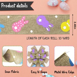 Easter Bunny Ribbons 2.5 Inch ×10 Yards, Flaxen Burlap Ribbon Bows for Wreath Holiday Craft Wired Edge Ribbons for Gift Wrapping Easter Party Decorations