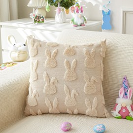 LOMCHEN LOMCHEN Easter Throw Pillow Covers 18x18 inch Set of 2 for Easter Decorations Beige Bunny Rabbit Soft Plush Faux Fur Wool Pillow Covers for Sofa Living Room Couch Bed