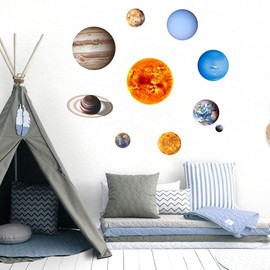 AIMALL Glow in The Dark Solar System Wall Stickers, 10 Planet Decals for Kids Room, 7.87 Inch Sun, 5.9 Inch Jupiter, Luminous Stars Space Theme Educational Room Decor for Boys and Girls