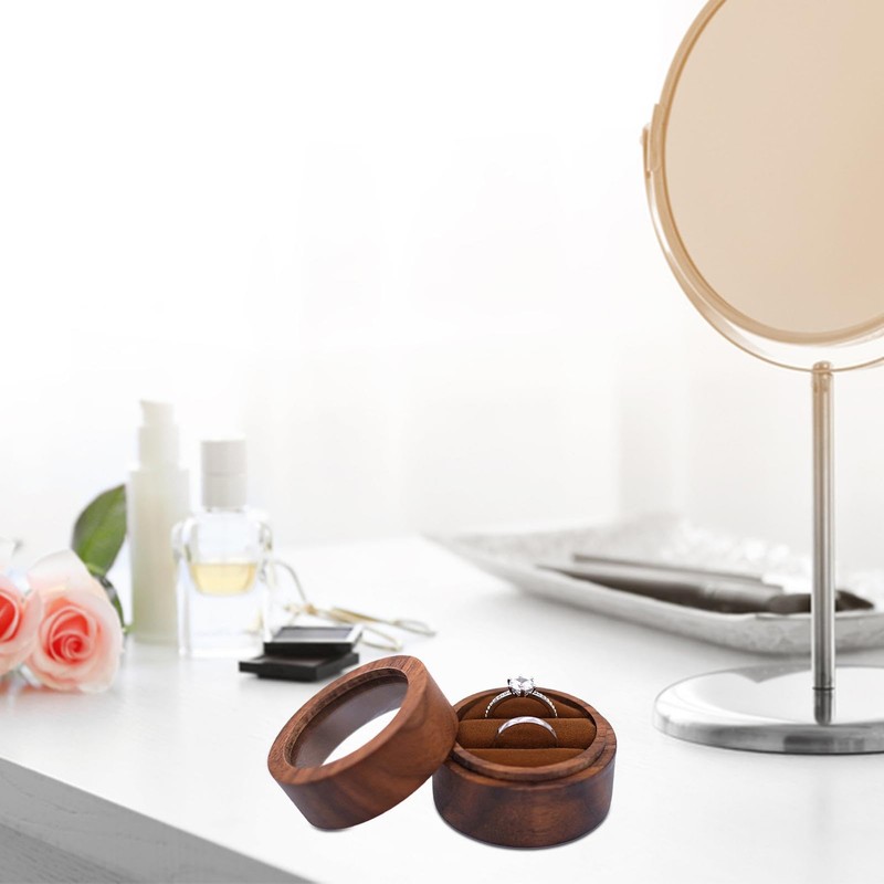 Wooden Wedding Ring Box | Round Ring Bearer Case,Elegant Ring