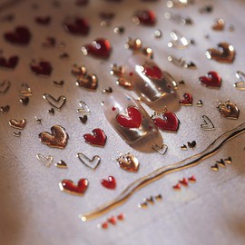 Valentine's Day Nail Art Stickers Decals Romantic Golden Red Heart Nail Stickers Exquisite Red Heart Design Valentine's Day 5D Embossed Nail Decals Manicure Supplies for Holiday Nail Art Decorations