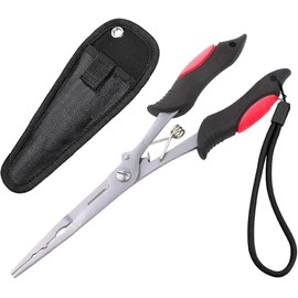 Long Nose Fishing Pliers with Scissors, Lanyard, Stainless Steel Fishing Hook Remover Plier Tool, Needle Nose Pliers Disgorgers/Pike Line Cutter Sea Multi Accessories with Sheath, Gifts for Men