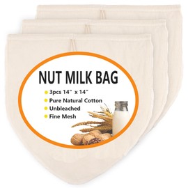 3pcs 14"x14" Nut Milk Bag - 100% Organic Unbleached Cotton Easy To Clean Nut Milk Strainer，Reusable for Straining Oat Milk, Almond Milk,Yogurt, Juice, Cold Brew Coffee，Cheese making, Celery Juice