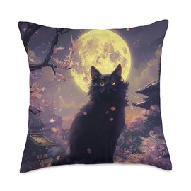 Sakura Mystique: Black Cat in Moonlight Throw Pillow