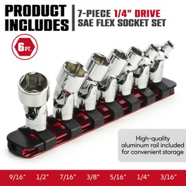 CROM Universal Flex Socket Set - 6-Point Swivel Socket Set - Swivel Joint for Easier Access to Tight Spaces - Aluminum Socket Storage Rail Included (1/4" Dr. 7PCS SAE SET)