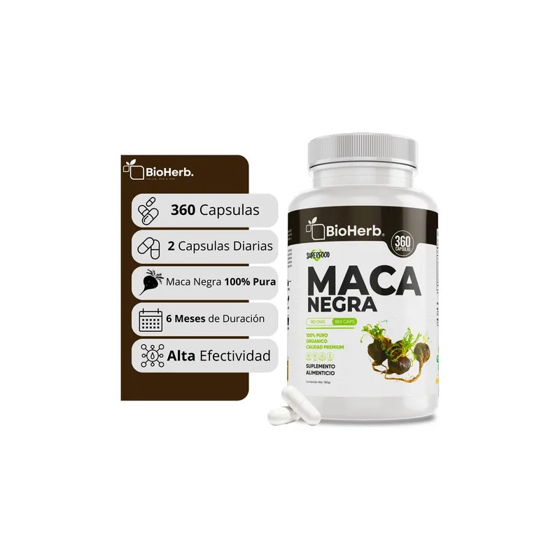 Maca Negra 100 Pura Bioherb 180 Cápsulas Suplemento