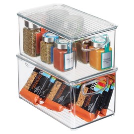 mDesign Plastic Deep Storage Bin Box Container with Lid and Built-In Handles - Organization for Fruit, Snacks, or Food in Kitchen Pantry, Cabinet, or Cupboard, Ligne Collection, 2 Pack, Clear