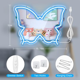 Butterfly Neon Signs Mirror, Dimmable LED Neon Lights for Wall Decor, 15.7'' x 12'' Neon Sign Mirror for Teen Girls & Kids Birthday Party Gift, Neon Light for Bedroom & Room Decoration (Ice Blue)