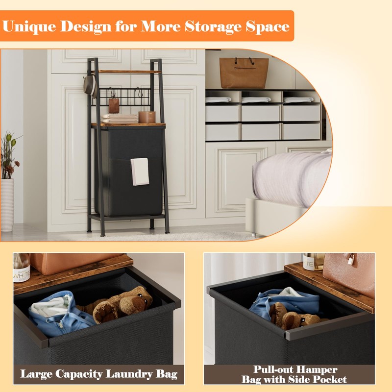 Furnulem 2 Tiers Laundry Hamper with Wooden Shelf and Hooks,